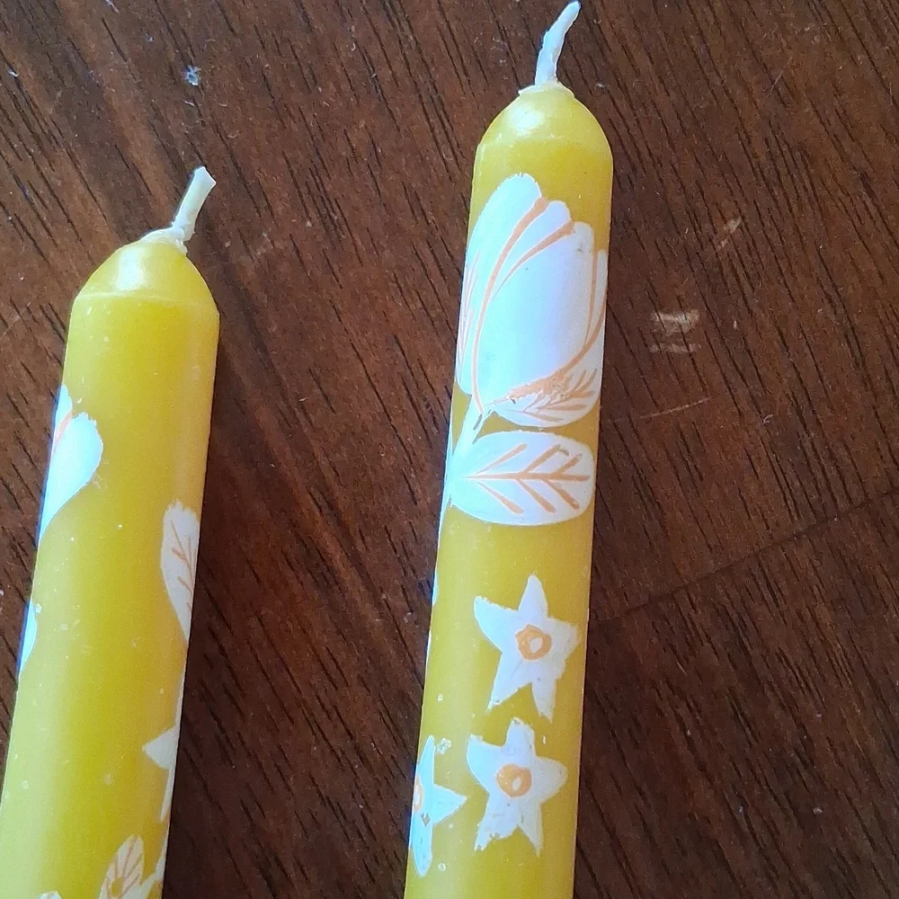 Anthropologie Hand-Painted Taper Candles  White Floral Set Of Two